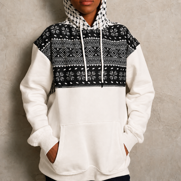 White Keffiyeh Hoodie front view with tatreez keffiyeh graphic panel