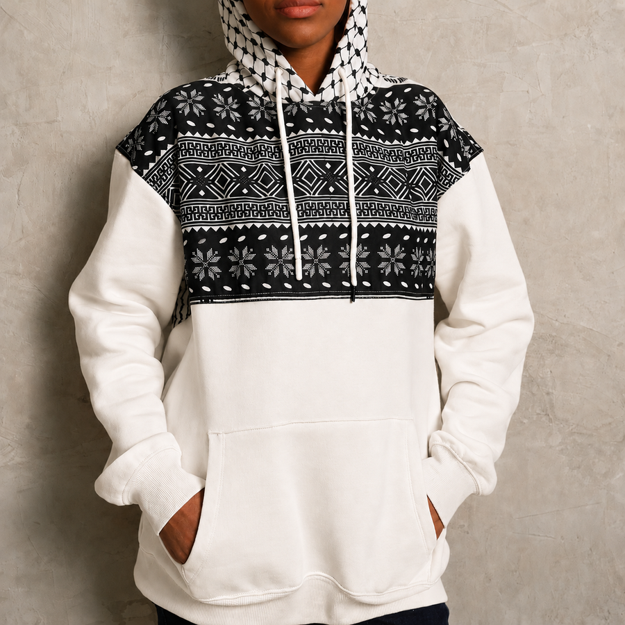 White Keffiyeh Hoodie front view with tatreez keffiyeh graphic panel