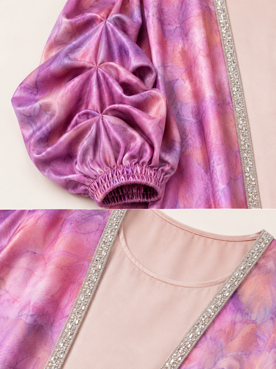 Magenta Paddle Pop Kaftan — tie-dye fabric and trim detail