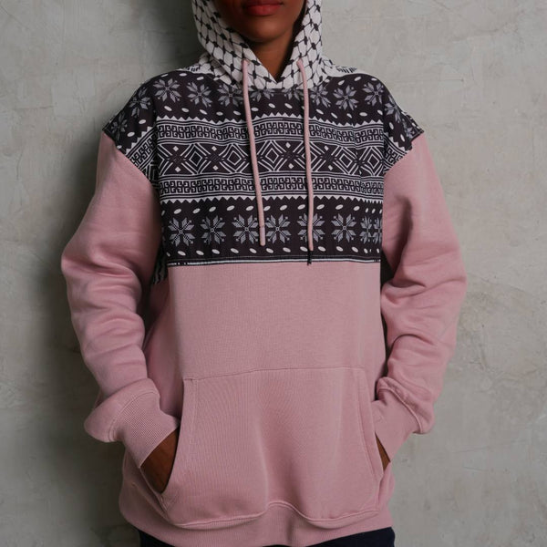 Pink Keffiyeh Hoodie front view with tatreez graphic panel