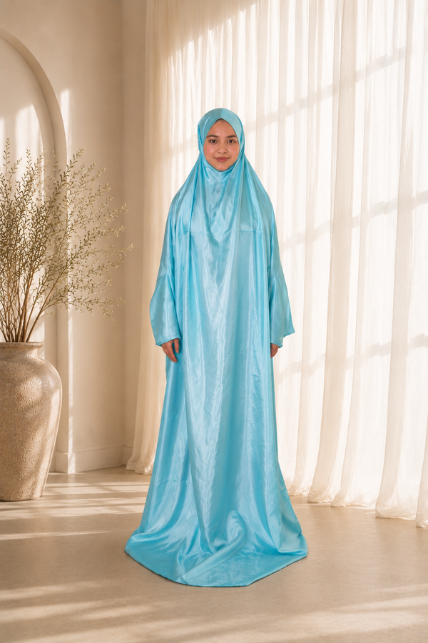 Lightweight travel prayer dress, front view with full coverage
