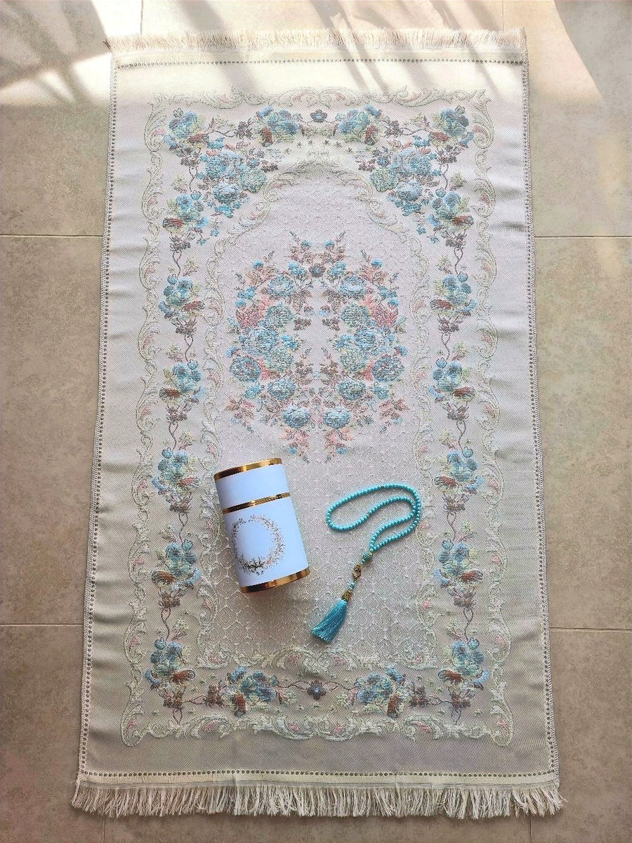 Sky Blue Safia floral prayer mat, full view