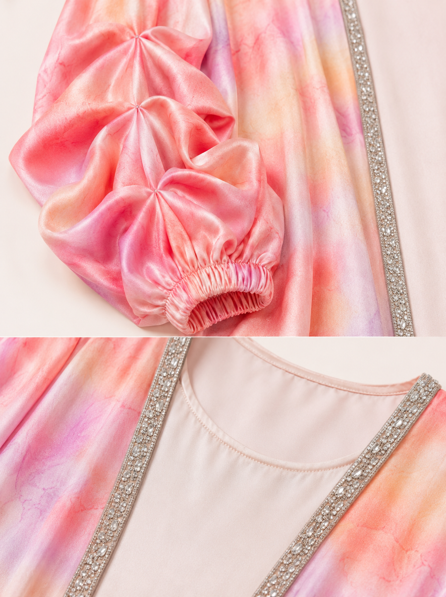 Sunrise Paddle Pop Kaftan — tie-dye fabric and trim detail