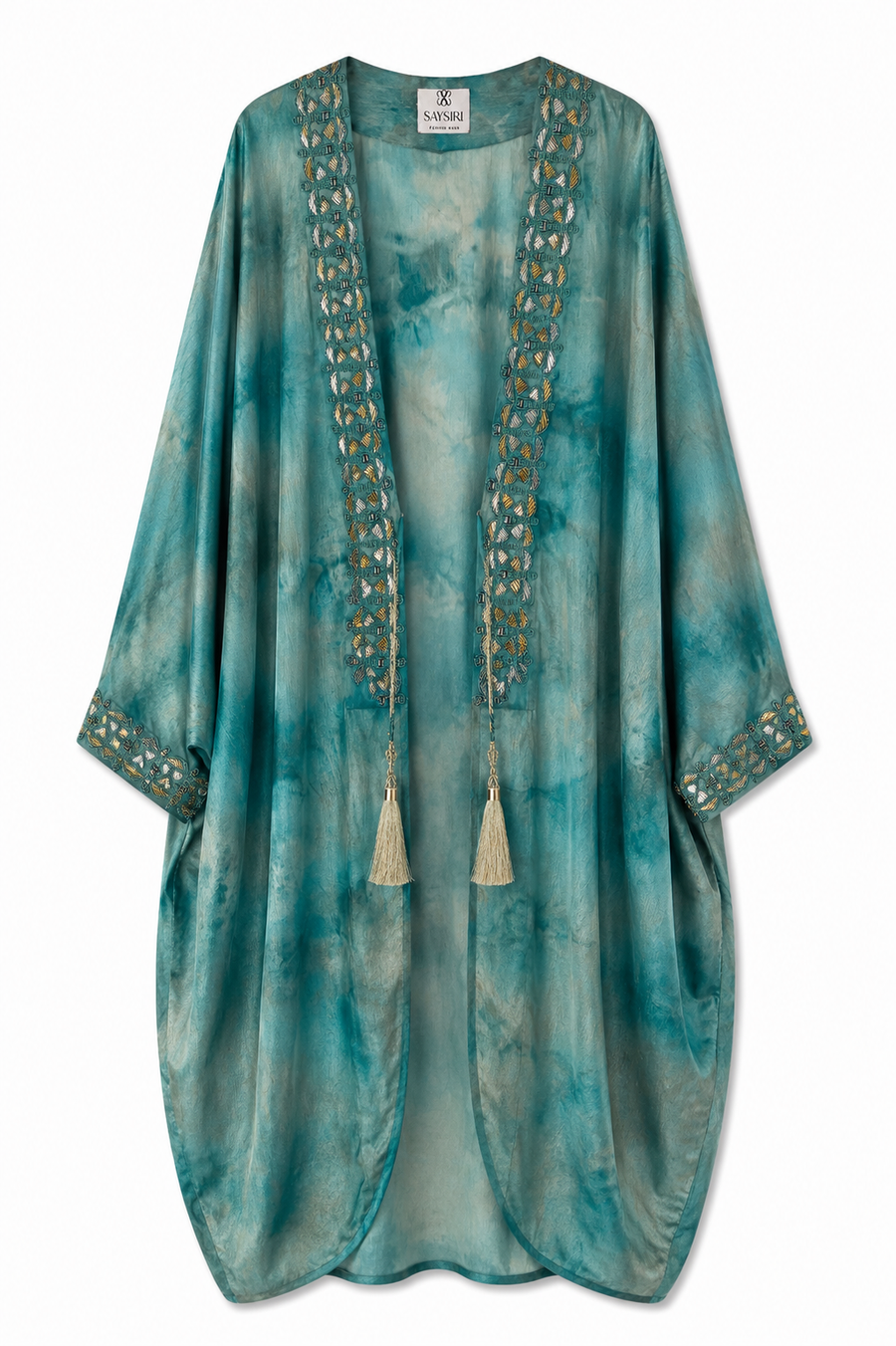 Turquoise Butterfly Kaftan worn open