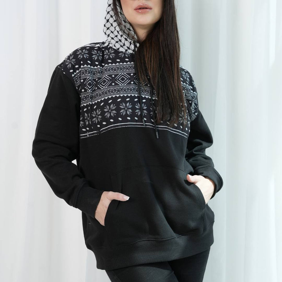 Black Keffiyeh Hoodie front view with tatreez keffiyeh graphic panel
