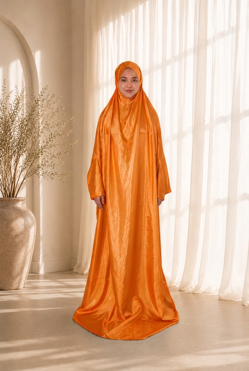 Sakina Gift Set prayer dress in Orange satin, worn by model. Lifestyle visualisation — digitally created