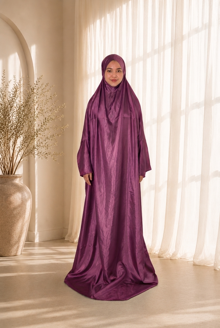 Lightweight Travel Prayer Dress in Damson plum satin, worn by model. Lifestyle visualisation — digitally created