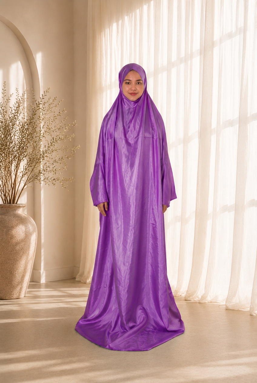 Lightweight Travel Prayer Dress in Purple satin, worn by model. Lifestyle visualisation — digitally created