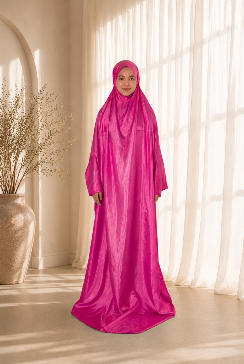 Sakina Gift Set prayer dress in Hot Pink satin, worn by model. Lifestyle visualisation — digitally created