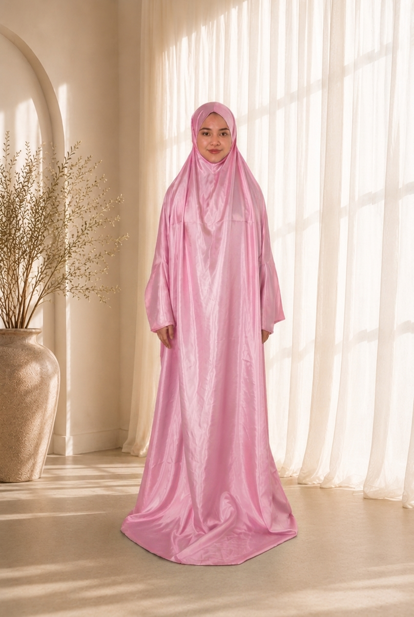 Lightweight Travel Prayer Dress in soft Pink satin, worn by model. Lifestyle visualisation — digitally created