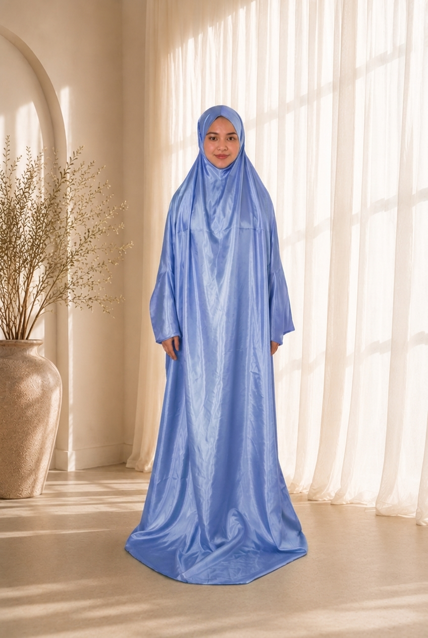 Lightweight Travel Prayer Dress in Metallic Blue periwinkle satin, worn by model. Lifestyle visualisation — digitally created