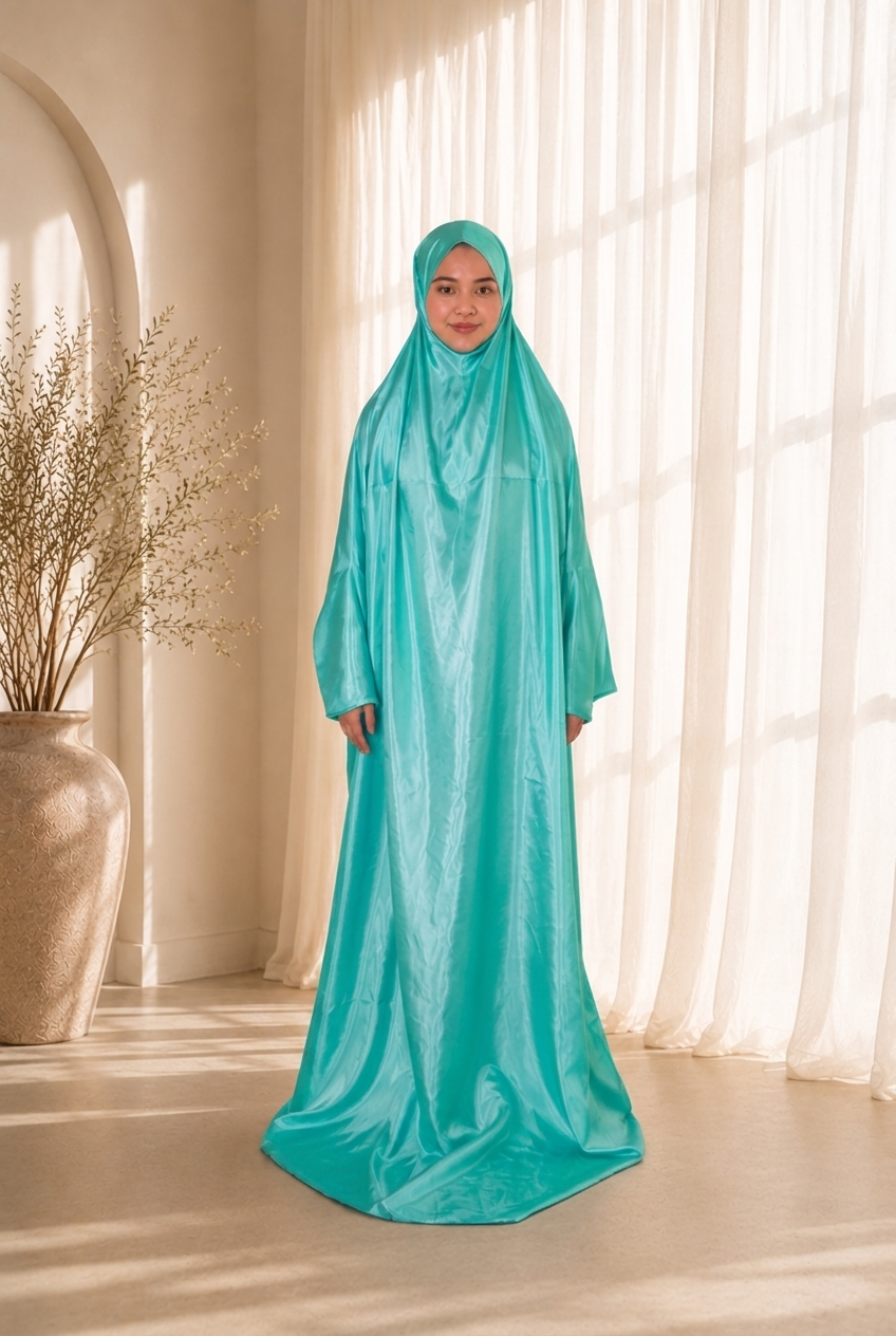 Sakina Gift Set prayer dress in Turquoise satin, worn by model. Lifestyle visualisation — digitally created