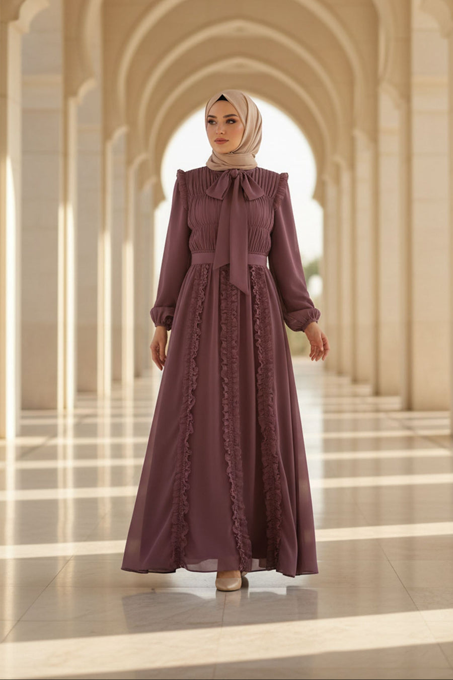 Ethereal Edit Plum chiffon dress in an arched colonnade — lifestyle view