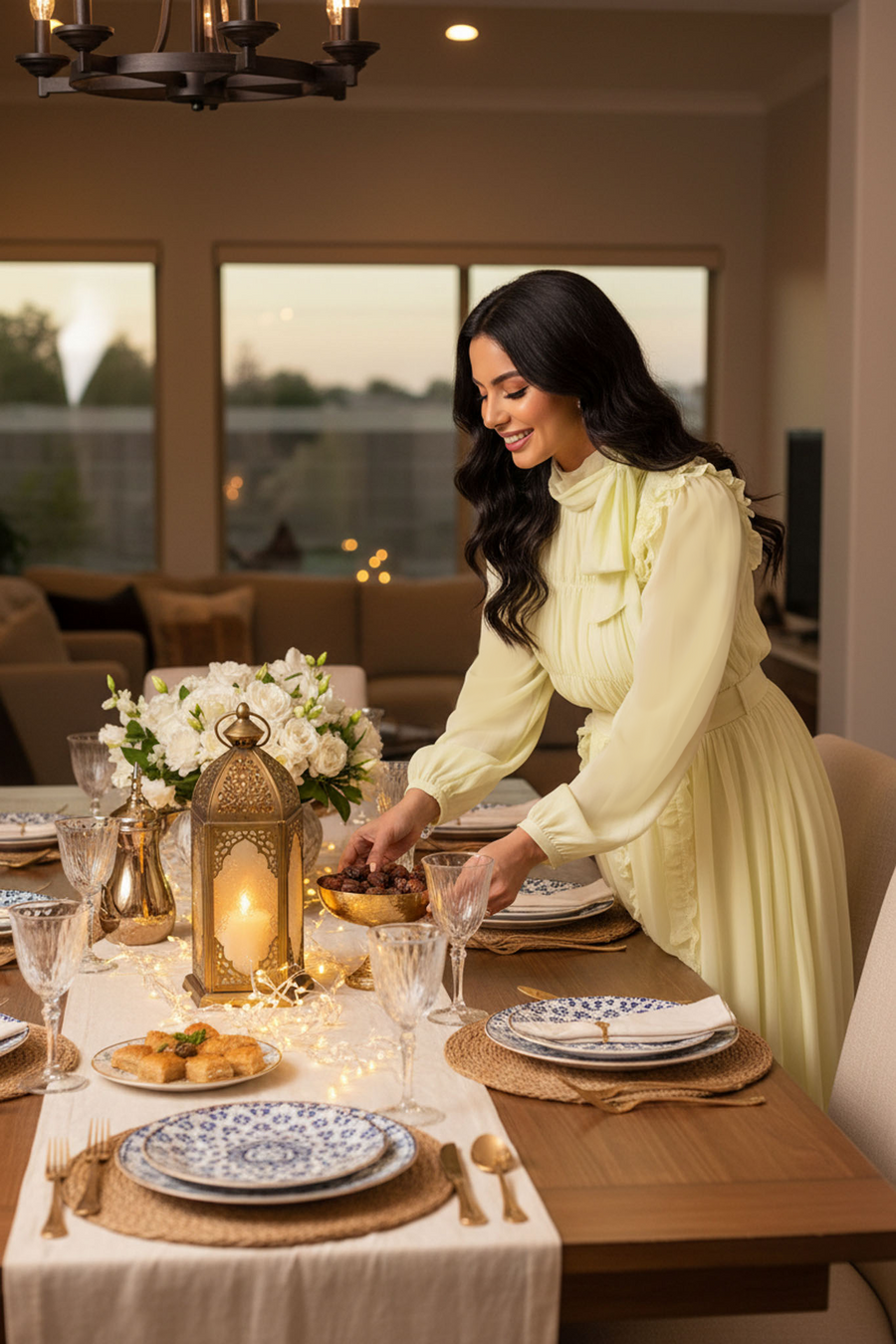 Model in SAYSIRI Ethereal primrose chiffon modest maxi dress at a candlelit iftar table setting with arabic lantern and dates