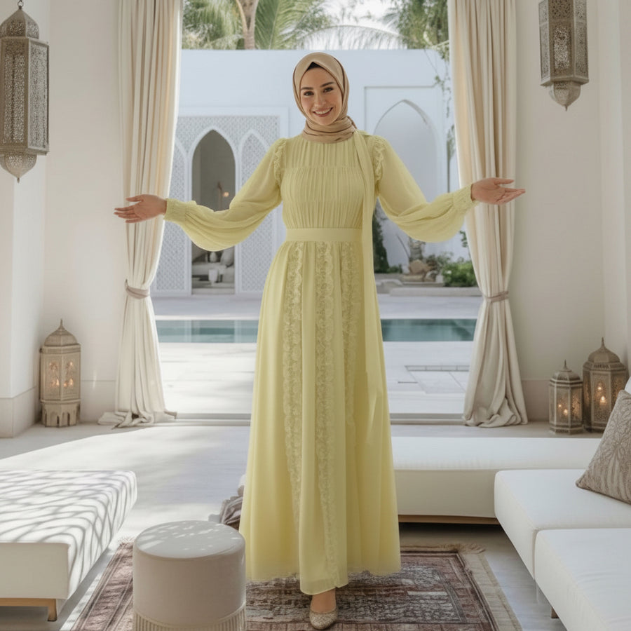 Lifestyle image of the Primrose Ethereal Edit dress photographed in motion, capturing the lightweight drape and fluid swirl of the chiffon.