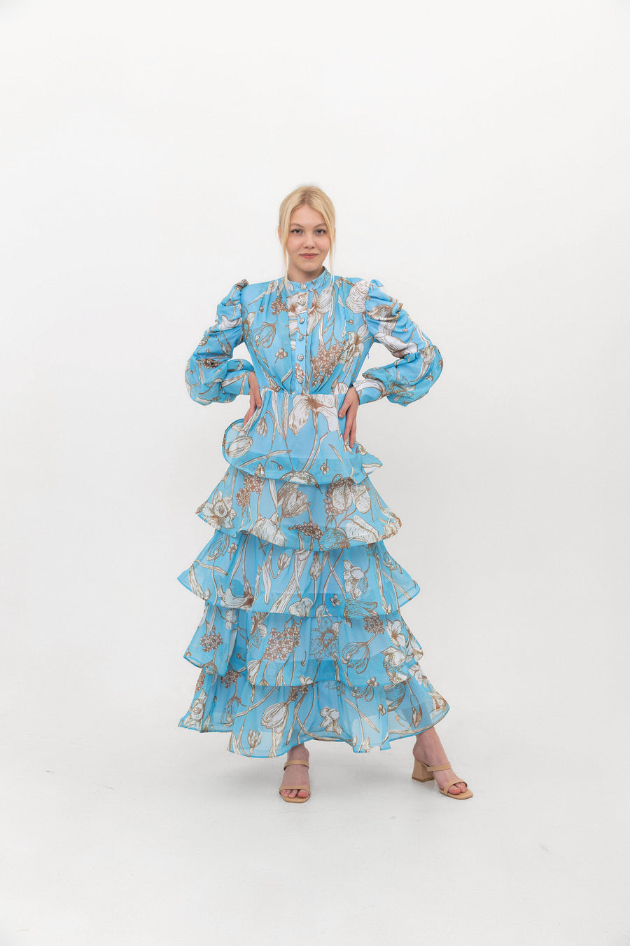 The Bloom Edit tiered chiffon dress in Blue, front view.