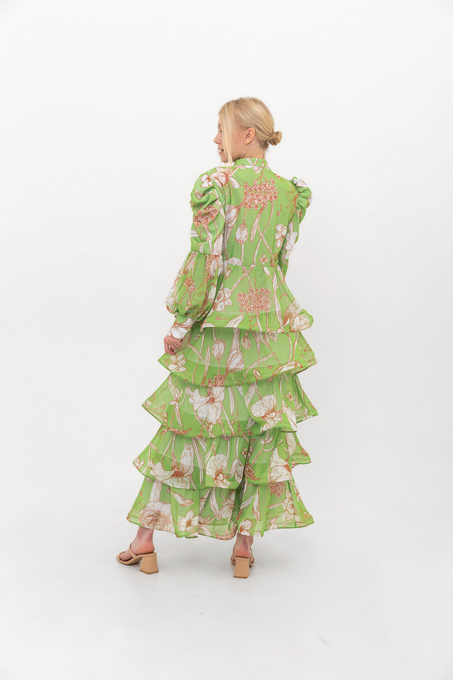 The Bloom Edit tiered chiffon dress in Lime Green, back view.