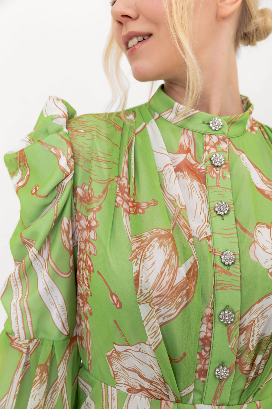 Close-up of the buttons and hand-drawn floral print on The Bloom Edit dress in Lime Green.