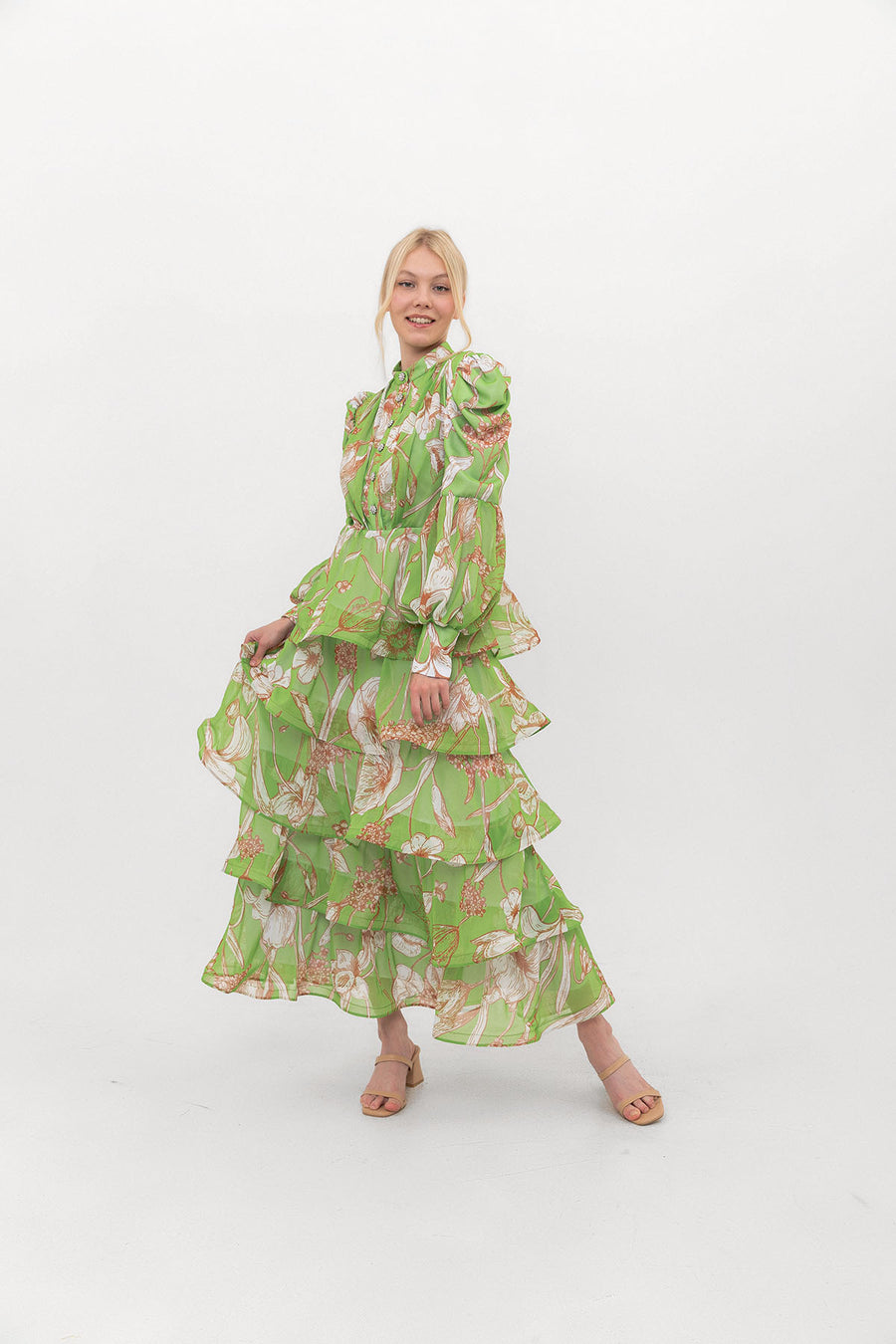 The Bloom Edit tiered chiffon dress in Lime Green, front view.