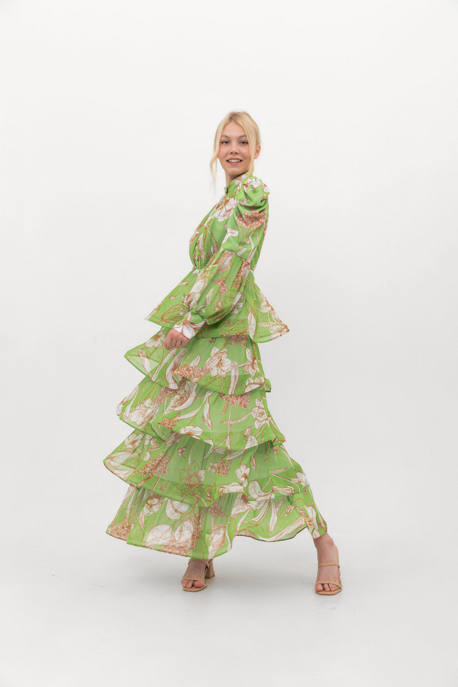 The Bloom Edit tiered chiffon dress in Lime Green, side view showing the layered tiers.